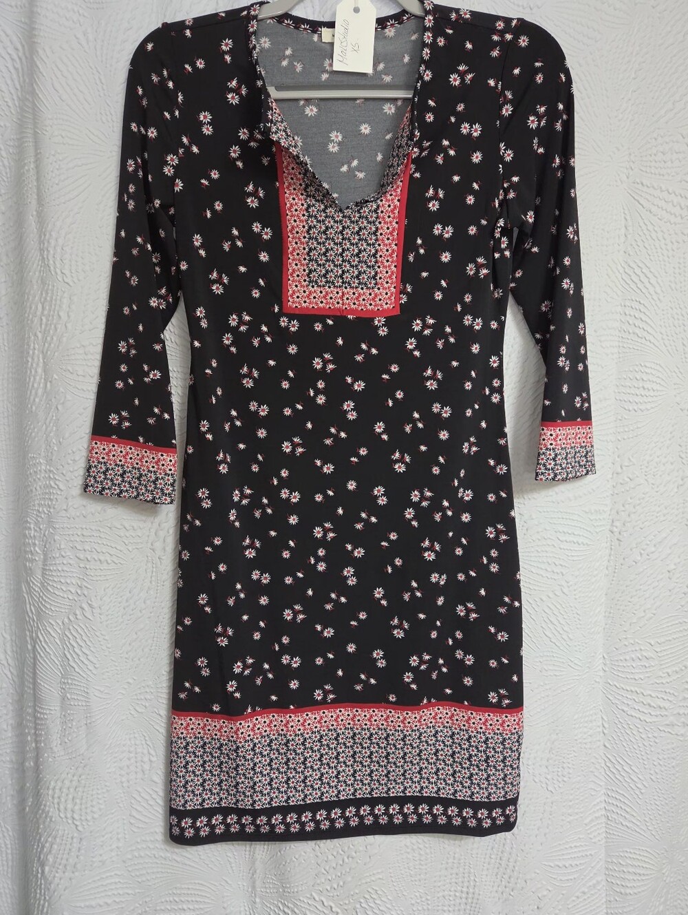 Max Studio Black Midi Dress with Red Floral Border.
